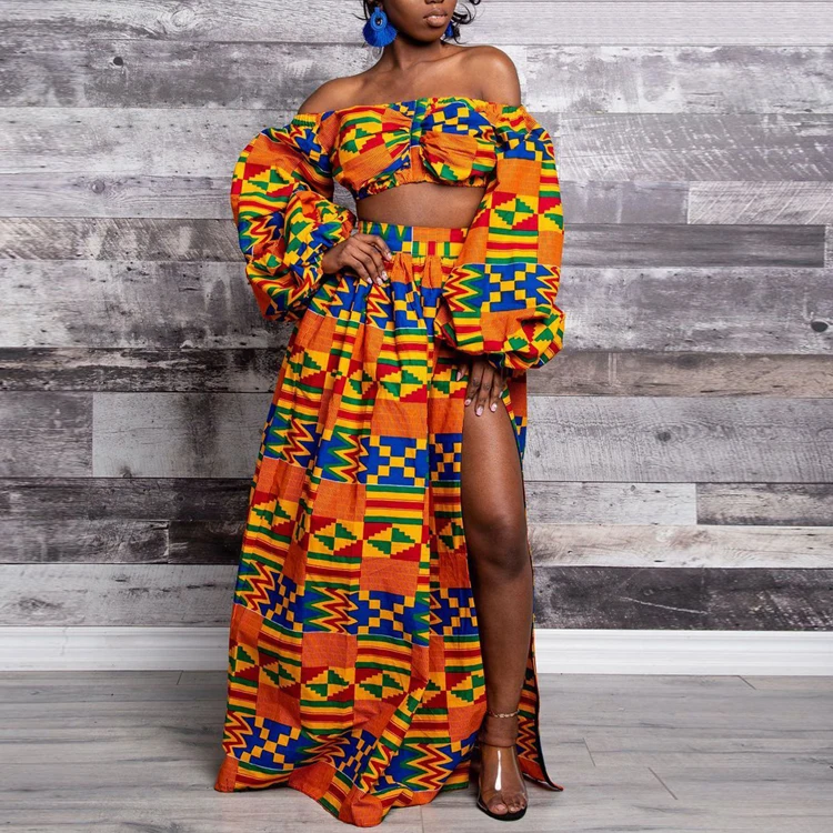 Hot Selling Sexy Ladies African Clothes S-XL Two Piece Set Off Shoulder Crop Top And Maxi Split Skirts, Customized color
Hot Selling Sexy Ladies African Clothes S-XL Two Piece Set Off Shoulder Crop Top And Maxi Split Skirts, Customized color