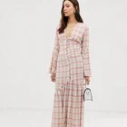 Glamorous summer vintage long dress tall maxi tea dress with button front in grid check
