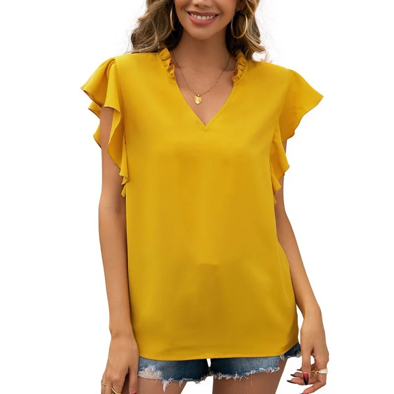 Hot Sale Solid Color Short Sleeve Tops Ruffed Casual V-neck Women Blouse 
Hot Sale Solid Color Short Sleeve Tops Ruffed Casual V-neck Women Blouse