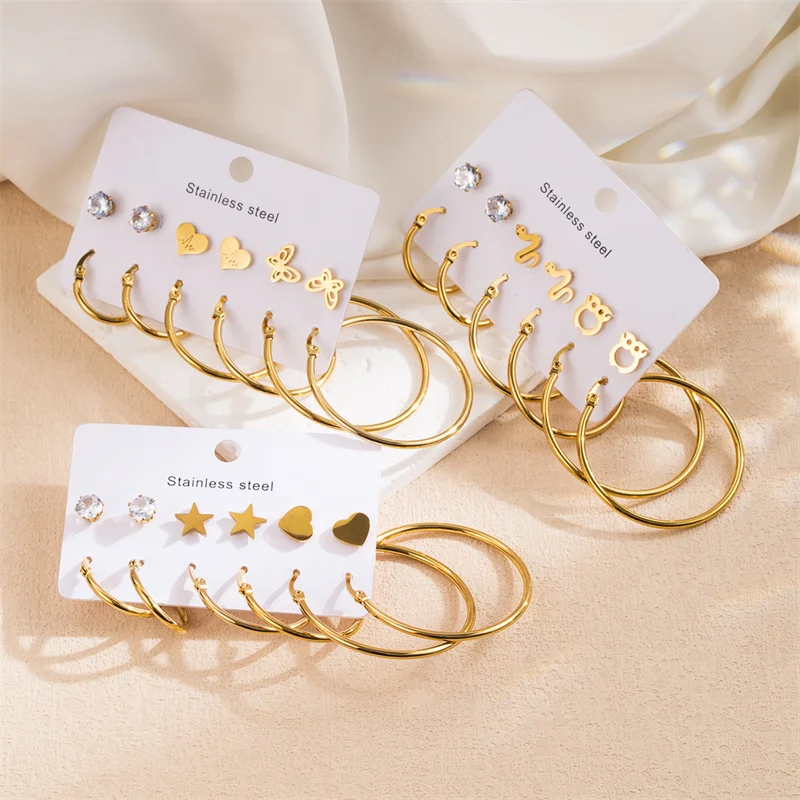 6 Pairs Stainless Steel Big Round Circle Hoop Earrings Set Small Zircon Heart Star Butterfly Stud Earrings For Women
6 Pairs Stainless Steel Big Round Circle Hoop Earrings Set Small Zircon Heart Star Butterfly Stud Earrings For Women