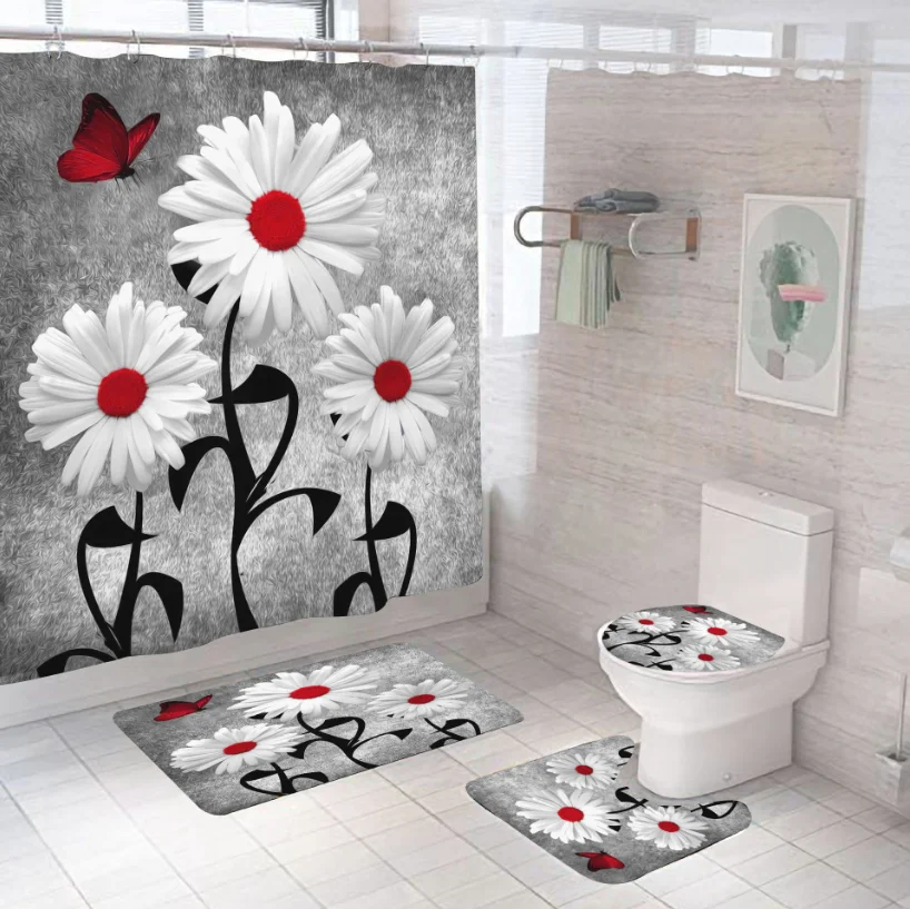 3D Bathroom Shower Curtains 4 pcs Sets, Waterproof Fabric Bathroom Curtain with 12 Hooks,White daisy with red stamens, Custom-made
3D Bathroom Shower Curtains 4 pcs Sets, Waterproof Fabric Bathroom Curtain with 12 Hooks,White daisy with red stamens, Custom-made