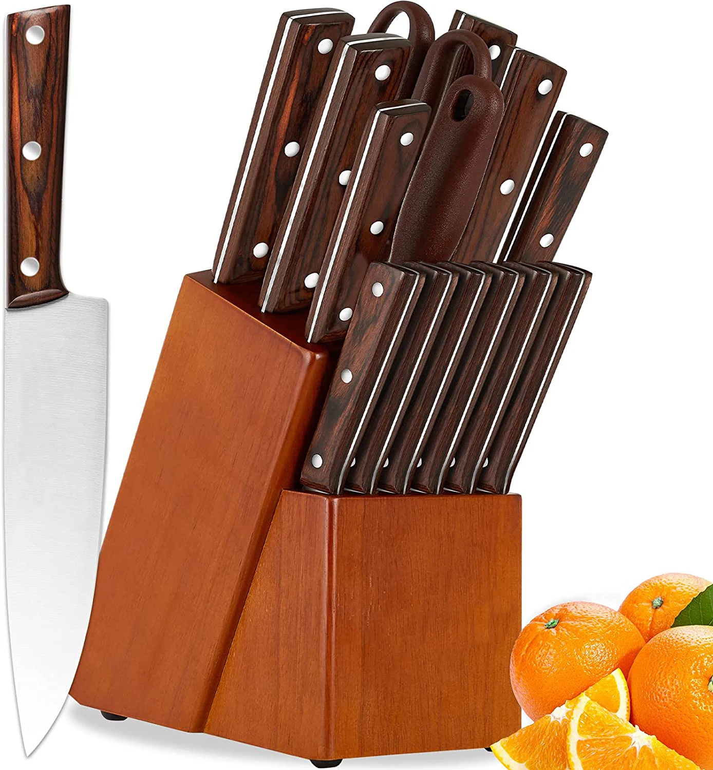 Amazon Hot Sale 15 Pcs High Carbon Stainless Steel Kitchen Knife Set with Wood Block , Chef Knife for Kitchen, Natural
Amazon Hot Sale 15 Pcs High Carbon Stainless Steel Kitchen Knife Set with Wood Block , Chef Knife for Kitchen, Natural