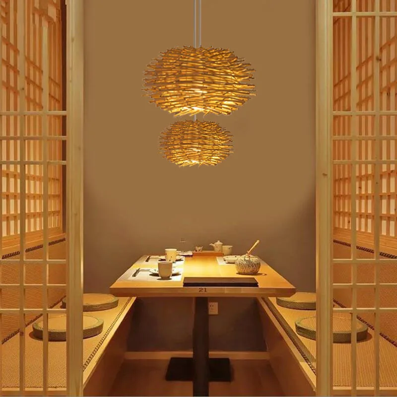 Natural nest shape handmade rattan woven wooden chandelier E27 LED for home store pendant light