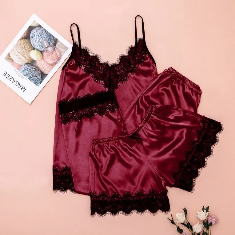 3 Pieces Women Short Sets with Lace Appliques Satin Silk Sleepwear Spaghetti Sexy Pajama Set, Purple, black, burnt orange and etc
3 Pieces Women Short Sets with Lace Appliques Satin Silk Sleepwear Spaghetti Sexy Pajama Set, Purple, black, burnt orange and etc