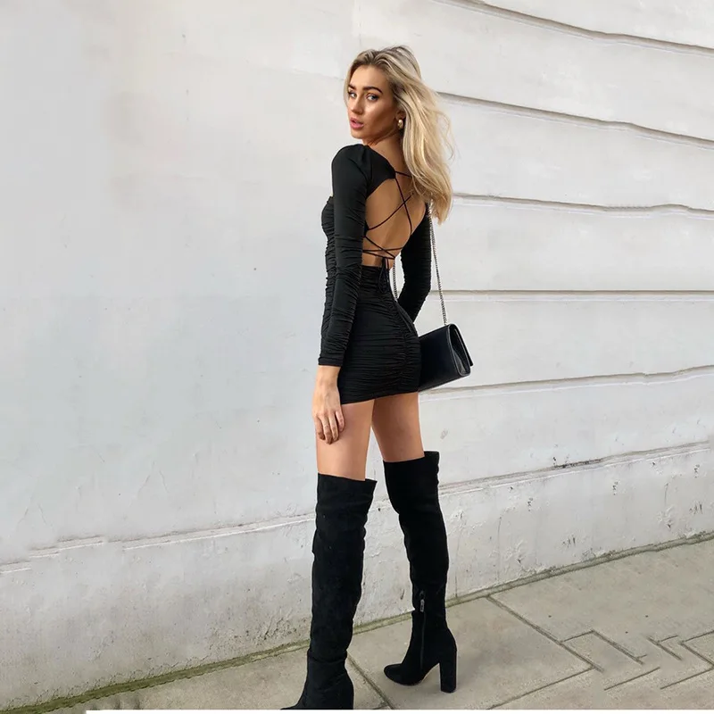 2020 Autumn New Dress Long-sleeved Pleated Open Back Lace-up Hip Dress European and American Women's Clothing
2020 Autumn New Dress Long-sleeved Pleated Open Back Lace-up Hip Dress European and American Women's Clothing