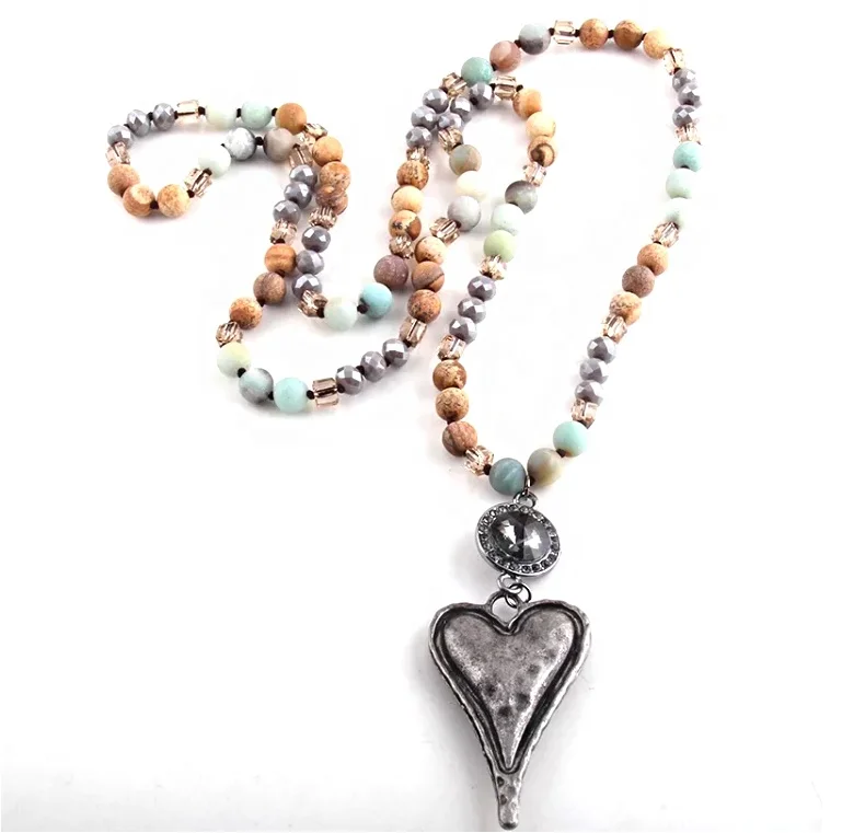 

Women 8mm natural gemstone African Turquoise Necklace Long Knotted Round shiny Crystal Big Metal heart Pendant Necklace