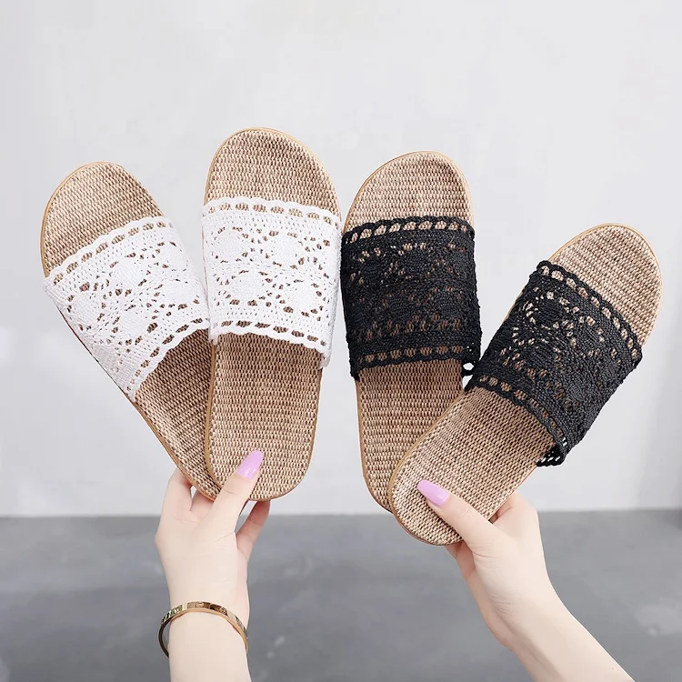 Lace style comfortable indoor home linen fashion casual soft flat slippers for women 2021
Lace style comfortable indoor home linen fashion casual soft flat slippers for women 2021
