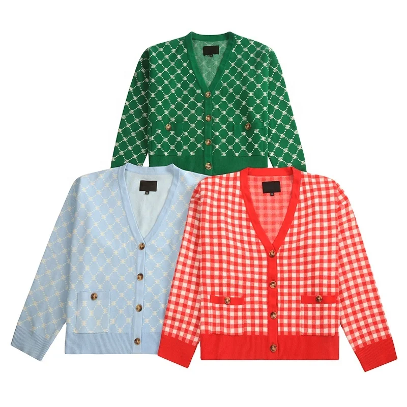 Spring autumn V neck red plaid green jacquard vintage sweaters Christmas loose knit coat custom logo women cardigan sweater
Spring autumn V neck red plaid green jacquard vintage sweaters Christmas loose knit coat custom logo women cardigan sweater