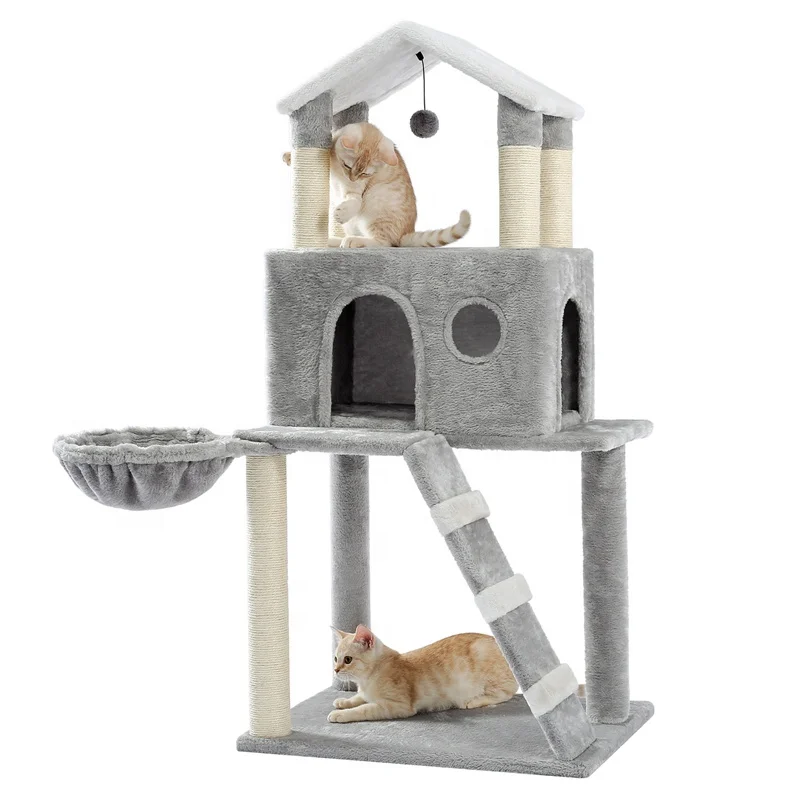 

Luxury Cat Tree Tower Play House with Sisal Scratching Posts Deluxe Condo Plush Hammock, Grey