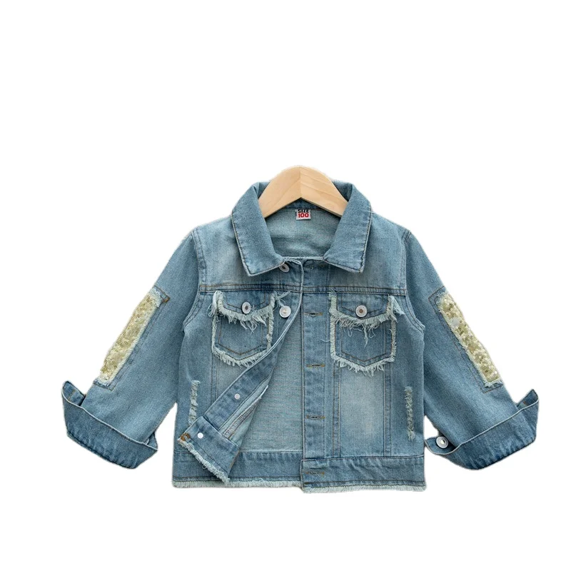 Children's clothing with hot diamond girls sequins ripped holes children's jacket denim jacket 
Children's clothing with hot diamond girls sequins ripped holes children's jacket denim jacket