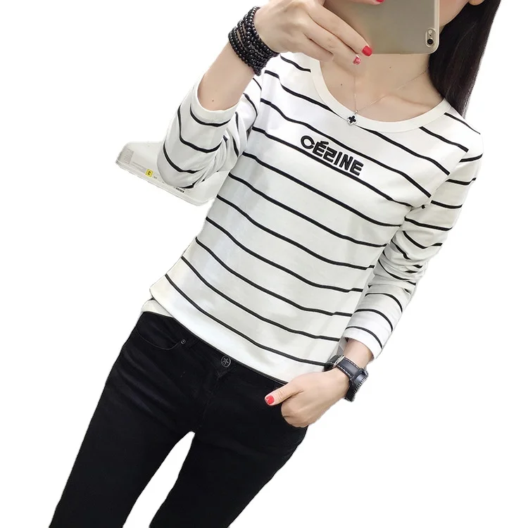 Spring Fashion Pure Cotton Women Slim Fit Tops Word Embroidery Round Neck T-shirts Long Sleeve Stripe Pattern Simple Clothes
Spring Fashion Pure Cotton Women Slim Fit Tops Word Embroidery Round Neck T-shirts Long Sleeve Stripe Pattern Simple Clothes