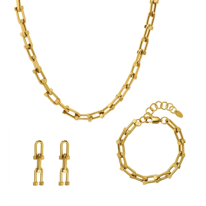 European Hiphop U-Shaped Horseshoe Chain Necklace Earring Women Stainless Steel 18k Gold-Plated Bracelets Jewelry Set
European Hiphop U-Shaped Horseshoe Chain Necklace Earring Women Stainless Steel 18k Gold-Plated Bracelets Jewelry Set