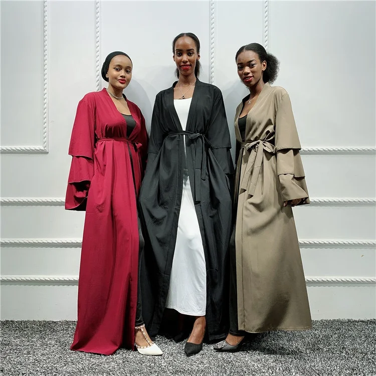

Hot sale Dubai abaya women soft crepe material open design Muslim turkish dress, Black,wine red,khaki