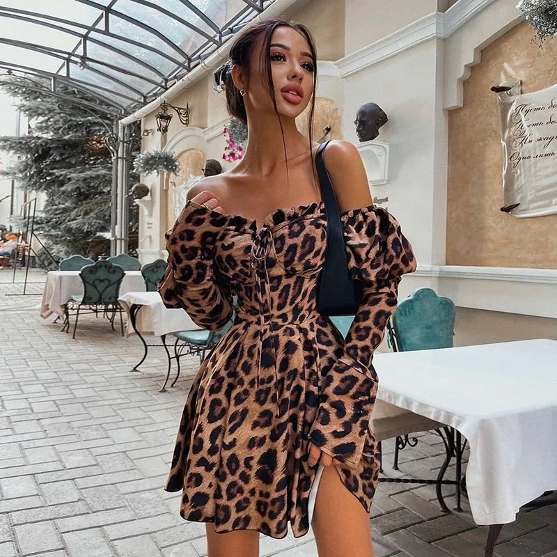 

YD Hot trends ladies casual sexy off shoulder dress printing leopard puff sleeve women monki dress