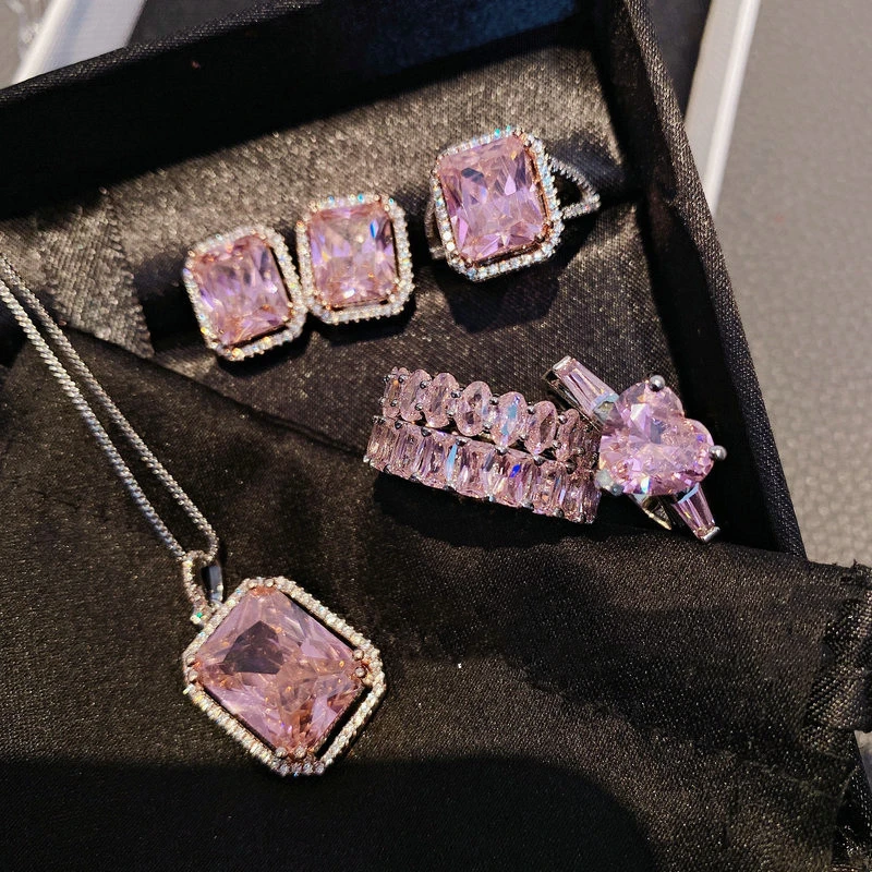 Princess Luxury Square Diamond Row Zircon Ring Pink Diamond Love Egg Shaped Combination Ring Necklace Earring Set, Like picture
Princess Luxury Square Diamond Row Zircon Ring Pink Diamond Love Egg Shaped Combination Ring Necklace Earring Set, Like picture