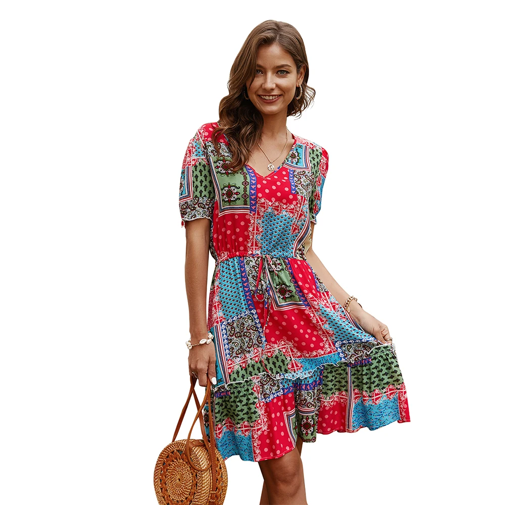 New Vestido Women Short Sleeve Polka Dot Floral Print V Neck Cut-out Ruffle Mini Boho Dress, Picture color
New Vestido Women Short Sleeve Polka Dot Floral Print V Neck Cut-out Ruffle Mini Boho Dress, Picture color