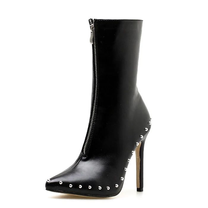 Large size women short boots high thin heel mid-calf boots shoe sexy pointed toe front zipper with rivets decoration pumps, Black white
Large size women short boots high thin heel mid-calf boots shoe sexy pointed toe front zipper with rivets decoration pumps, Black white