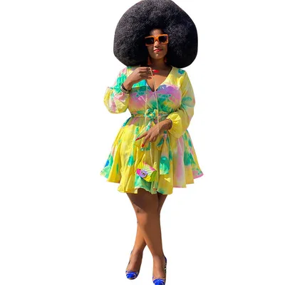 New 2021 plus size women's print V-neck sexy women's dress with big skirt and belt
New 2021 plus size women's print V-neck sexy women's dress with big skirt and belt