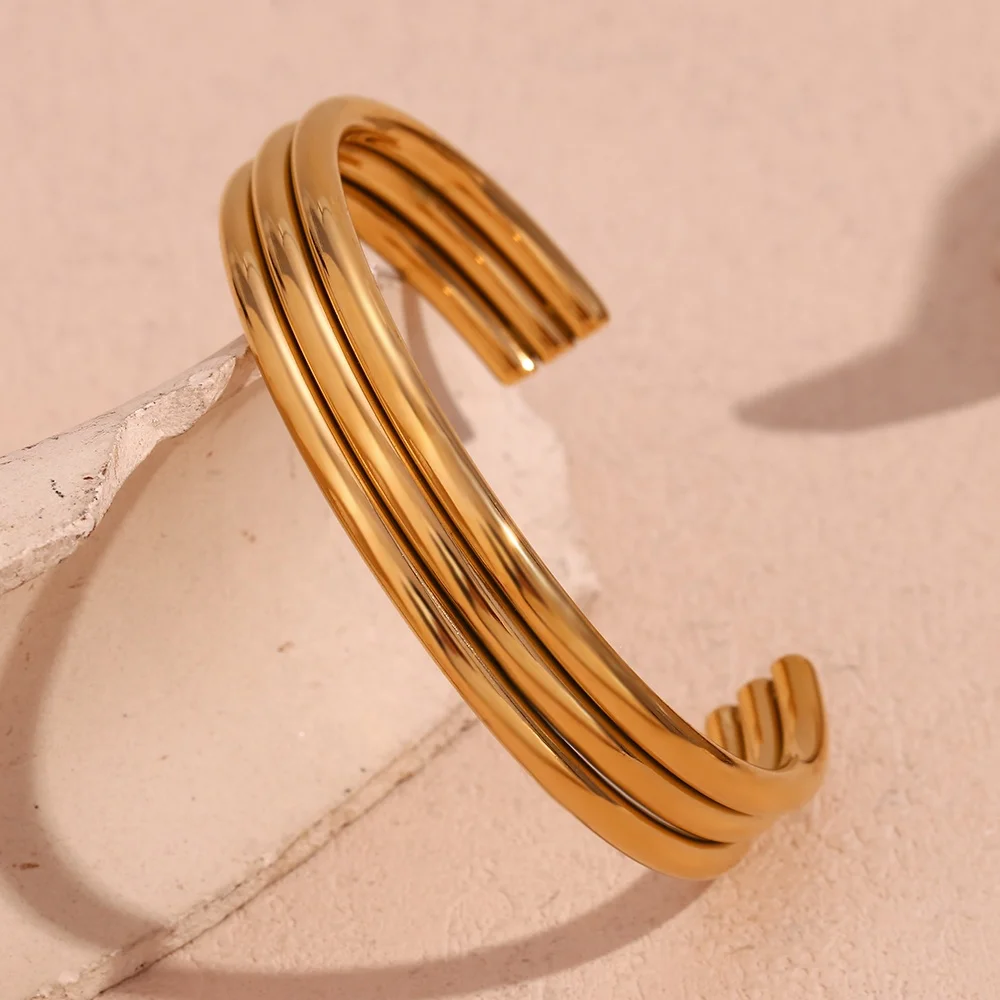 

Minimalist Spring Jewelry Multilayer PVD Gold Plated Hollow Tube Cuff Bangle Stainless Steel Women Jewelry