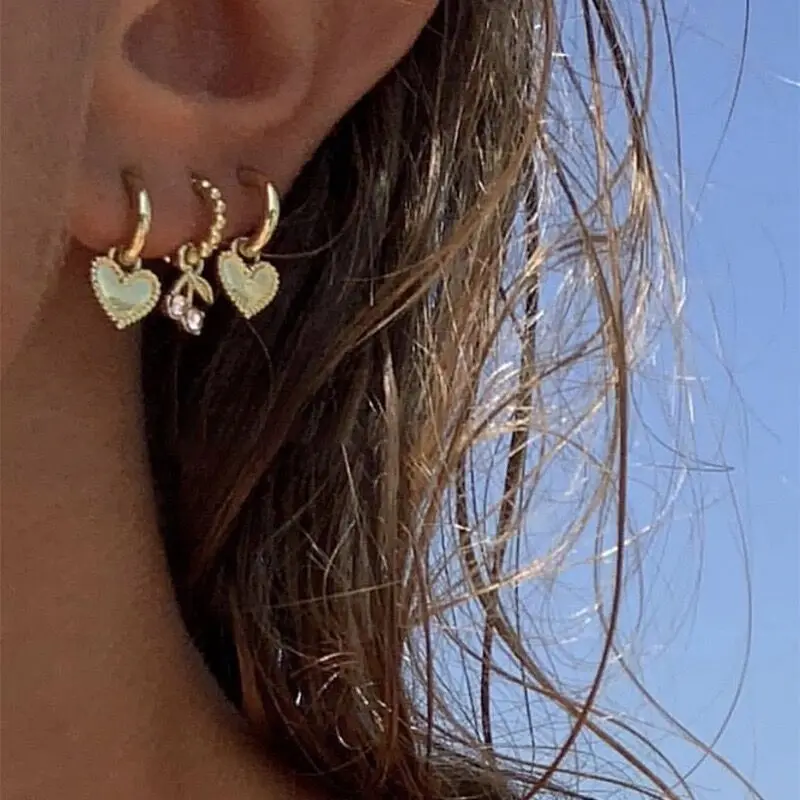 

2Pairs per Set Love Heart Gold Plated small Hoop Earrings Cherry Rhinestone Earrings for Women