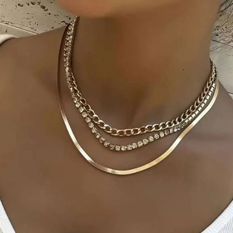 Hip Hop Jewelry Gold Plated Flat Snake Chain Link Chain Necklace Set Geometric Multi Three Layer Diamond Necklace 
Hip Hop Jewelry Gold Plated Flat Snake Chain Link Chain Necklace Set Geometric Multi Three Layer Diamond Necklace