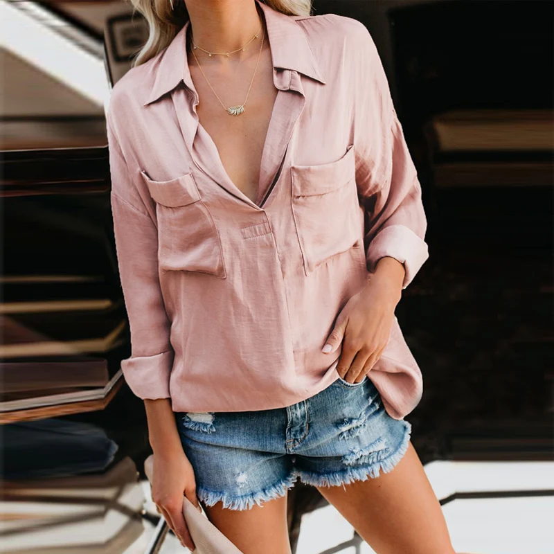 Women Fashion Casual V- Neck Satin Utility Blouse 
Women Fashion Casual V- Neck Satin Utility Blouse