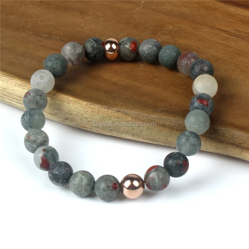 Heath yoga jewelry 8MM natural highest quality Semi-precious African blood stones steel bead strech bracelet
