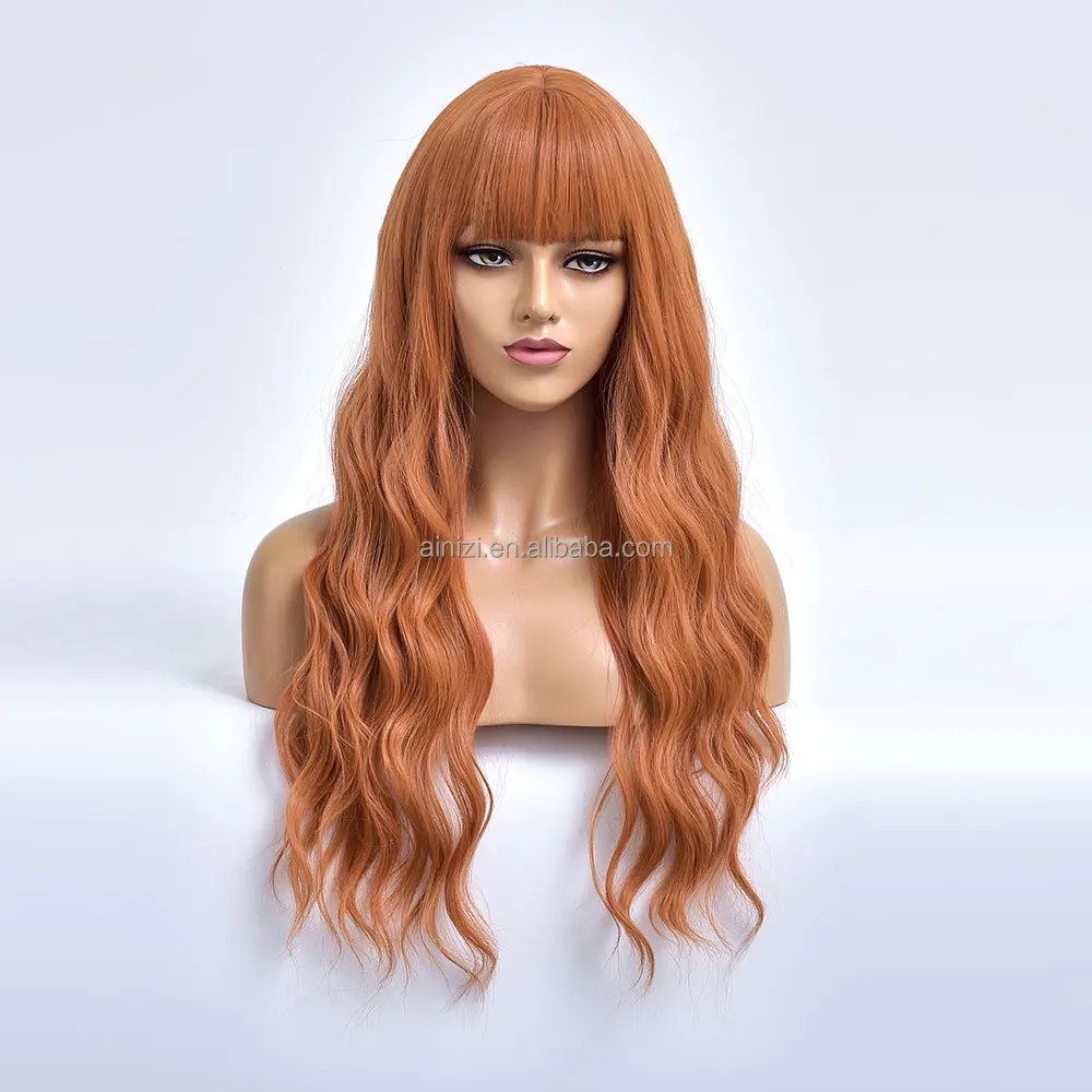 Ainizi wholesale long wave orange color fashion synthetic hair wig with fringe for white women
Ainizi wholesale long wave orange color fashion synthetic hair wig with fringe for white women