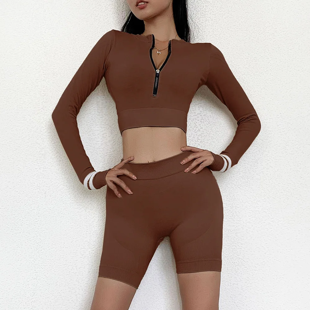 Women Fashion Solid Long Sleeves Workout Clothing Front Zipper Crop Tops Fitess Yoga Wear Shorts Set Yoga Suit Sport Wear, Yellow, black, red
Women Fashion Solid Long Sleeves Workout Clothing Front Zipper Crop Tops Fitess Yoga Wear Shorts Set Yoga Suit Sport Wear, Yellow, black, red