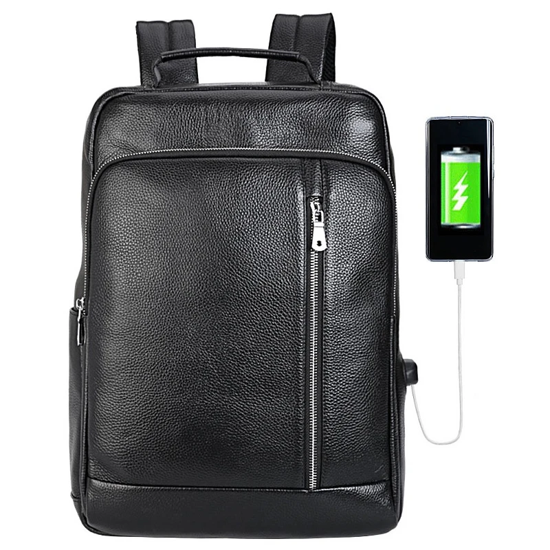 

Tiding Custom Logo Black 'Geniune' Leather Usb Charger Backpack School Leather back Bag For Man