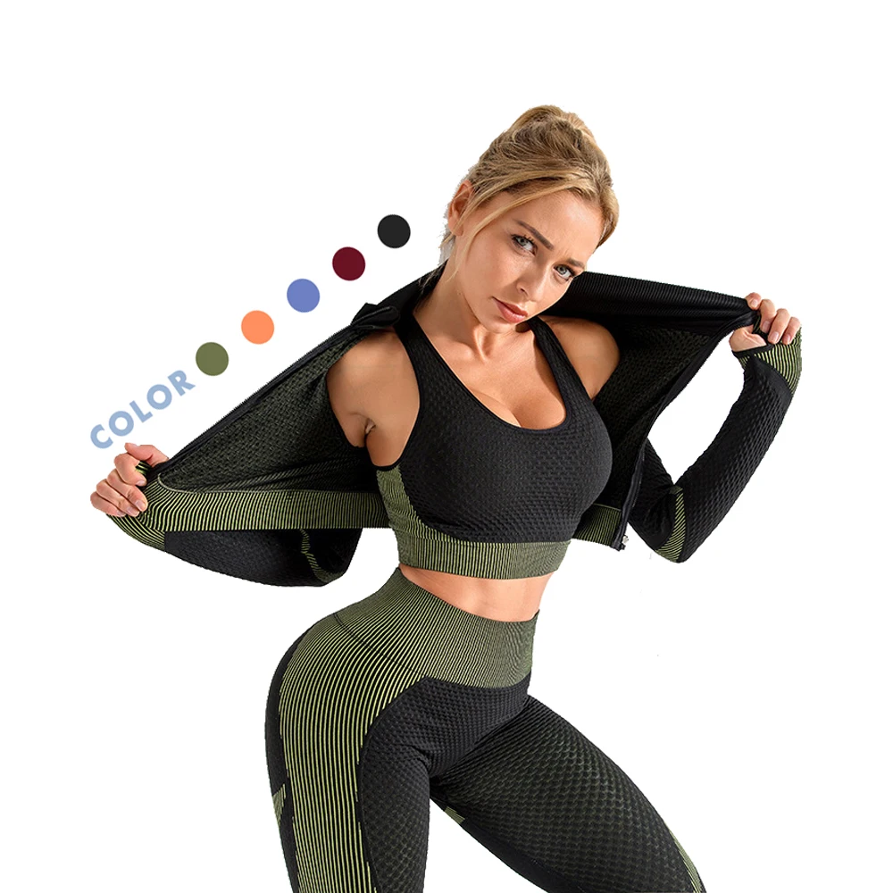 3 piece ribbed seamless plus size yoga active wear set jacket bra leggings suit, Customized colors
3 piece ribbed seamless plus size yoga active wear set jacket bra leggings suit, Customized colors