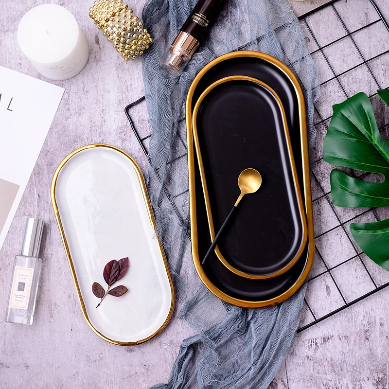 Luxury Ceramic Storage Tray with Glod Rim Sushi Plate Jewelry Makeup Brush Storage Decoration, White/black
Luxury Ceramic Storage Tray with Glod Rim Sushi Plate Jewelry Makeup Brush Storage Decoration, White/black
