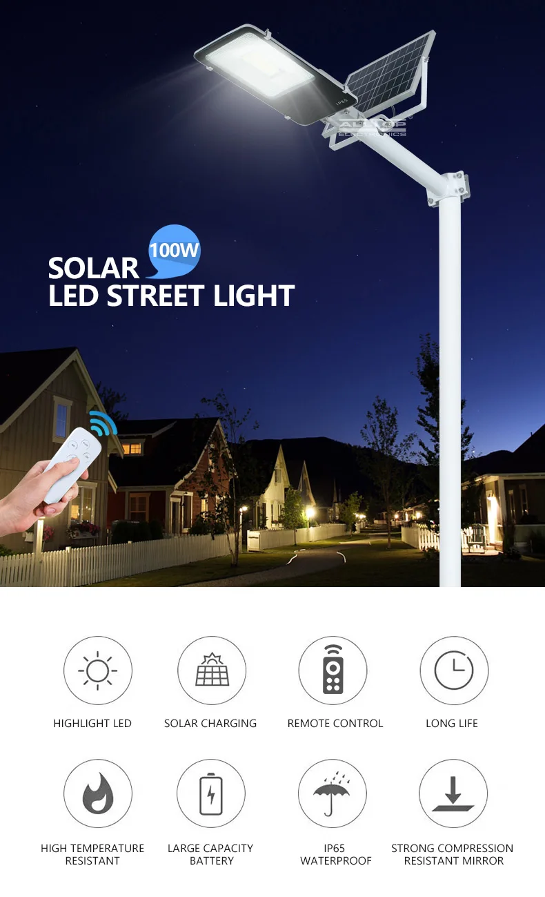 ALLTOP High performance ip65 waterproof remote control 100w integrated LED Solar Street Light
