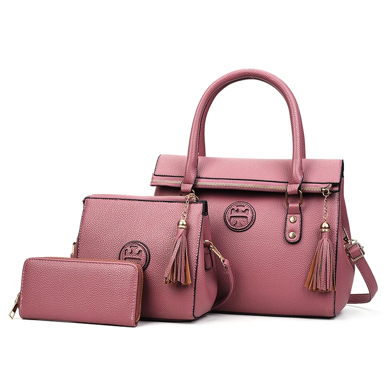 

hot selling cheap Metal zipper Tassels wholesale pu leather bag crossbody handbags 3 in 1 set women hand bags for women