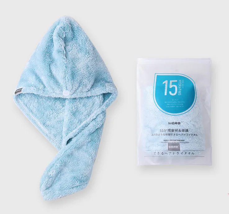Soft ultra absorbent 100% cotton blue color hair drying towel turban with packaging 
Soft ultra absorbent 100% cotton blue color hair drying towel turban with packaging