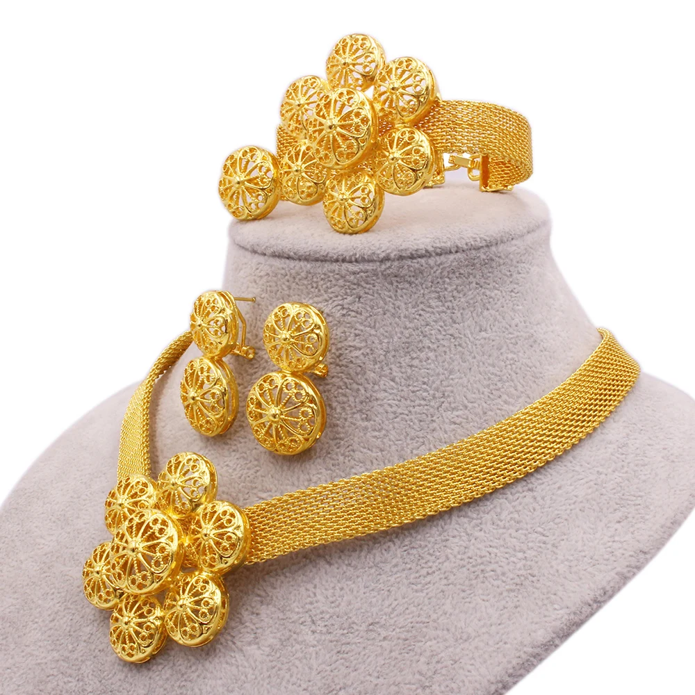 Gold plated fashion luxury jewelry sets for women African bridal wedding gifts necklace bracelet earrings ring jewellery set 
Gold plated fashion luxury jewelry sets for women African bridal wedding gifts necklace bracelet earrings ring jewellery set
