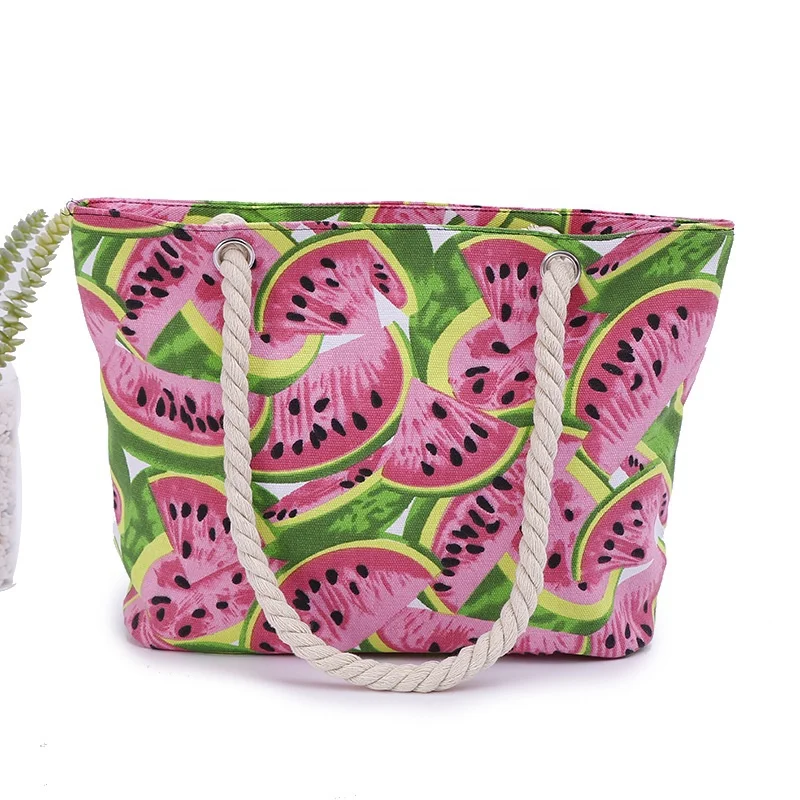 2020 new arrival cotton rope handle watermelon print single portable fashion large capacity zipper summer beach bag, Multi
2020 new arrival cotton rope handle watermelon print single portable fashion large capacity zipper summer beach bag, Multi