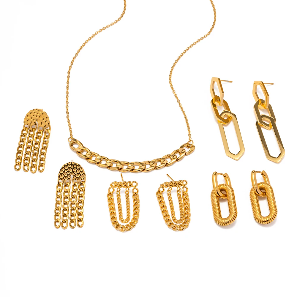 Minimalist Stainless Steel 18k Gold Plated Cuban Chain Necklace Long Chain Stud Tassel Chunky Earrings Set
Minimalist Stainless Steel 18k Gold Plated Cuban Chain Necklace Long Chain Stud Tassel Chunky Earrings Set