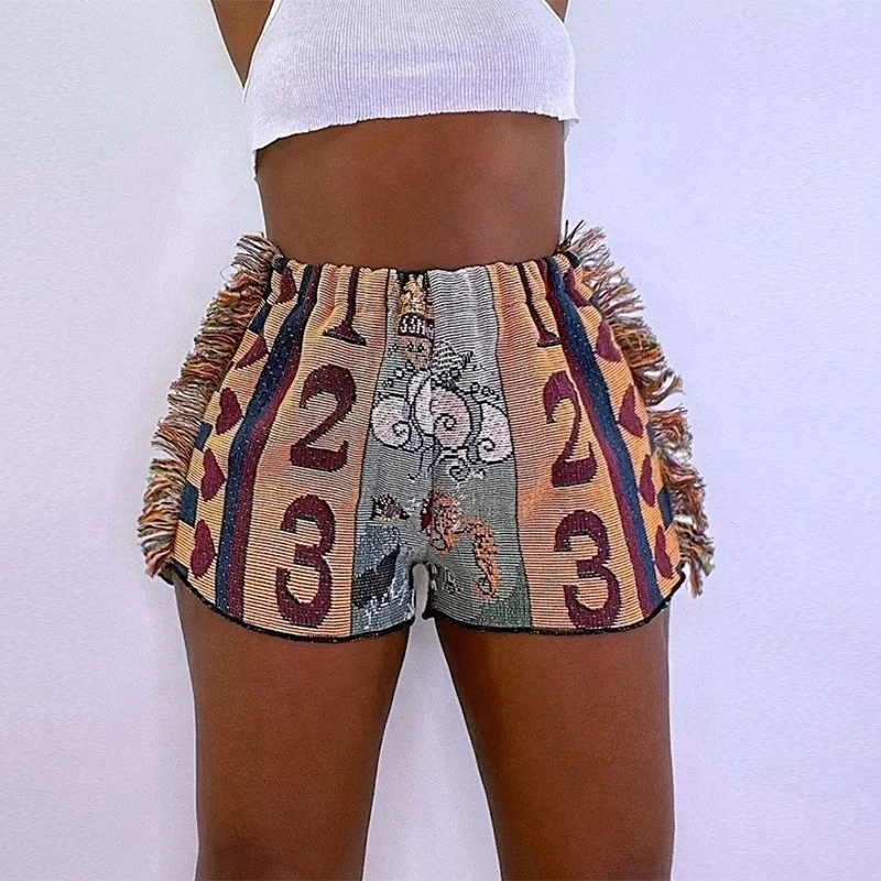 

MT92-02257 women casual fashion trendy tassels with pattern sweat biker shorts summer booty shorts for women