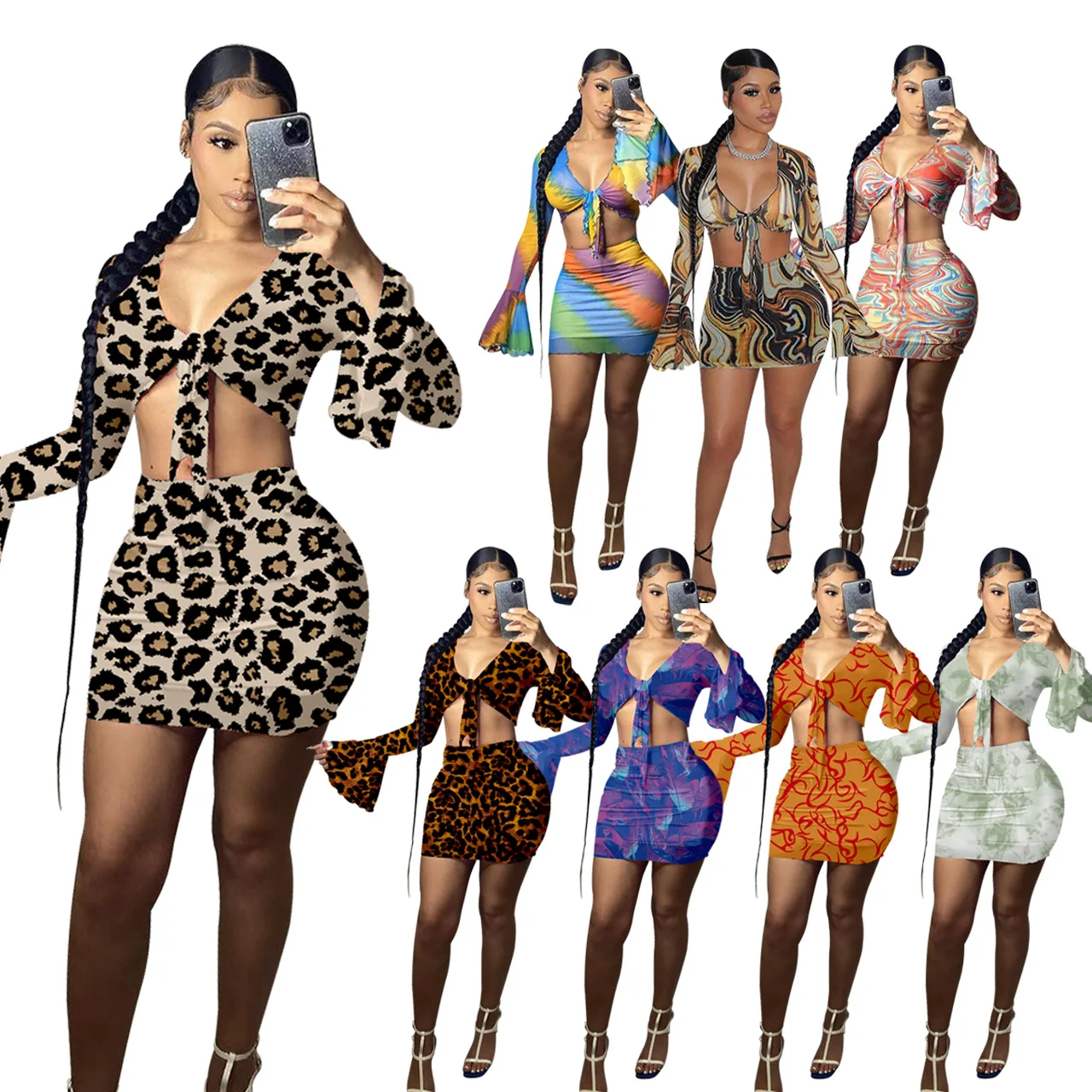 New arrival Summer Fashion For Ladies long sleeve v neck sexy casual printed crop top summer two piece skirt set for women
New arrival Summer Fashion For Ladies long sleeve v neck sexy casual printed crop top summer two piece skirt set for women