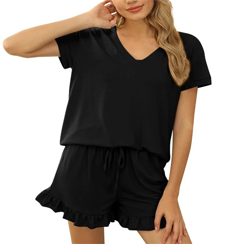 2021 Lounge Wear Women High Quality Short Sleeve V-neck Top Shorts Home Wear Two Piece Set
2021 Lounge Wear Women High Quality Short Sleeve V-neck Top Shorts Home Wear Two Piece Set