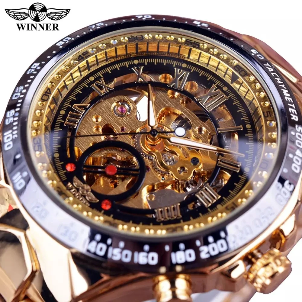 

Winner Men Mechanical Sport Design Bezel Golden Watch Mens Watches Top Brand Luxury Clock Automatic Skeleton Watch Montre Homme, 12-colors