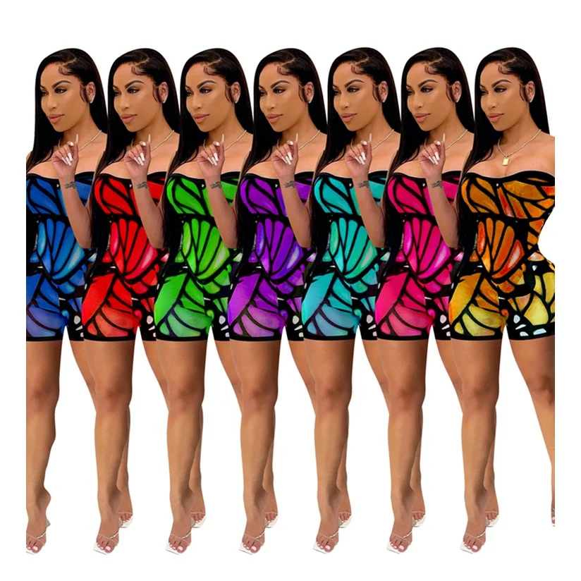 

2021 Stylish Butterfly Print Strapless Adult Romper Jumpsuit Short, Red, green, blue, pink, orange, purple, azure