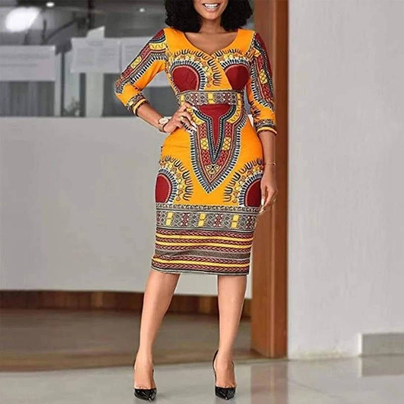 Fashion Sexy African Ethnic Style Casual Printed Dress V-neck Dress Mid-length Tight Skirt Dress, Purple, orange, pink, yellow, black
Fashion Sexy African Ethnic Style Casual Printed Dress V-neck Dress Mid-length Tight Skirt Dress, Purple, orange, pink, yellow, black