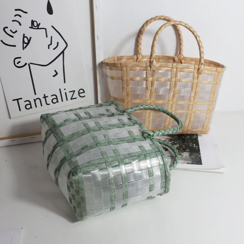 New Pastoral Style Plastic Woven Transparent Handbag Women Vegetable Basket Beach Shopping Bag
New Pastoral Style Plastic Woven Transparent Handbag Women Vegetable Basket Beach Shopping Bag