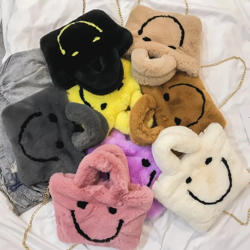 High Quality Plush Smiley Handbags Buckle Shoulder Bag Cute Soft Ladies Chain Faux Fur Bag Women Hand Bags Party Christmas Gift, 7colors
High Quality Plush Smiley Handbags Buckle Shoulder Bag Cute Soft Ladies Chain Faux Fur Bag Women Hand Bags Party Christmas Gift, 7colors