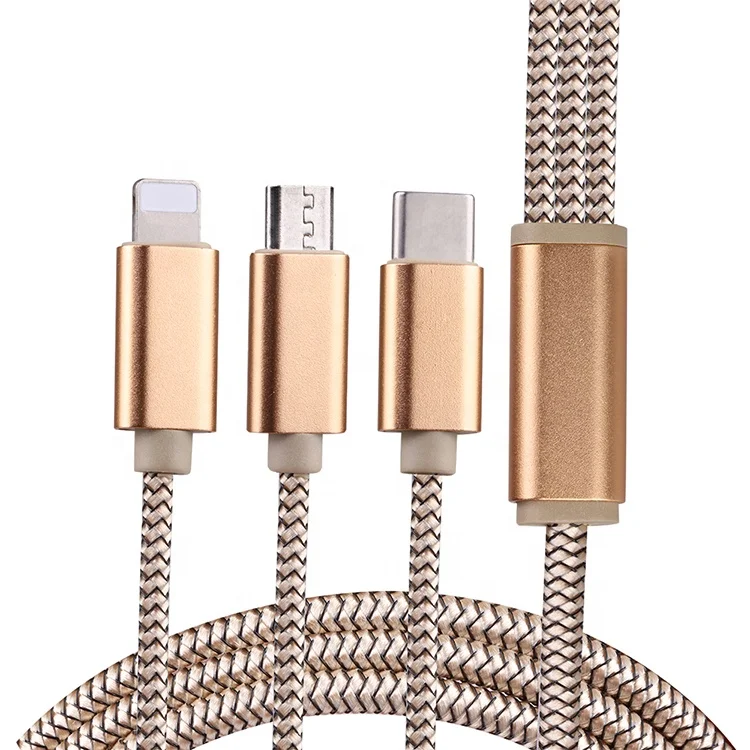 3 in 1 High Tensile Strength Nylon Braided All In One USB Charging Cable for iPhone Micro USB Cable, Silver, gold
3 in 1 High Tensile Strength Nylon Braided All In One USB Charging Cable for iPhone Micro USB Cable, Silver, gold