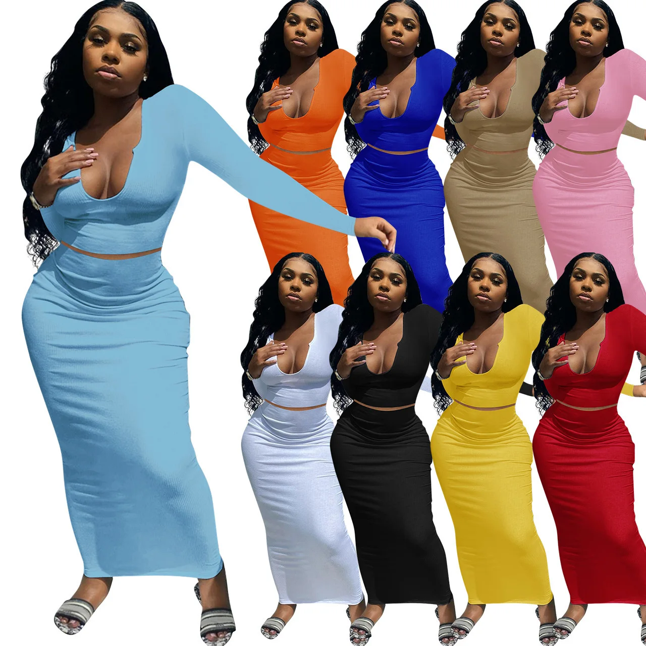 Ribbed Plus size 2 Pcs Two Piece Skirt Set Wholesale Fashion Fall Casual Deep V-neck Long Sleeve Maxi Skirt Women Set, Solid
Ribbed Plus size 2 Pcs Two Piece Skirt Set Wholesale Fashion Fall Casual Deep V-neck Long Sleeve Maxi Skirt Women Set, Solid