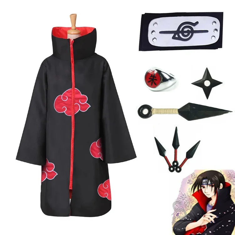

Hot selling Anime Naruto Akatsuki/Uchiha Itachi Cosplay Halloween Christmas Party Costume Cloak Cape with Headband Necklace Ring, Picture shown