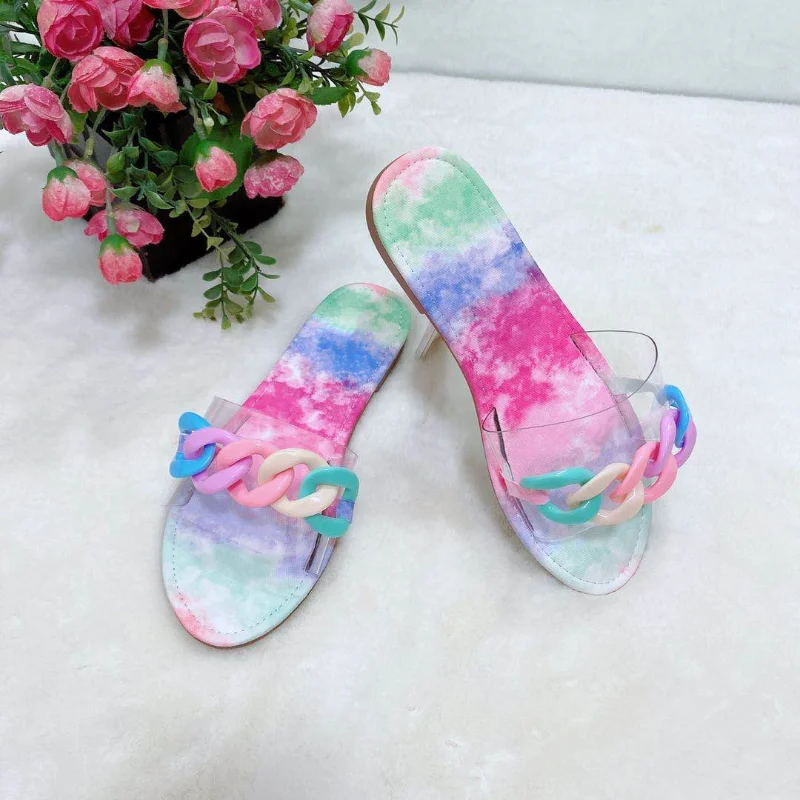 Tie dye women slides big chain decor clear strap lady flats mules open toe summer fashion sexy female slippers sandals
Tie dye women slides big chain decor clear strap lady flats mules open toe summer fashion sexy female slippers sandals